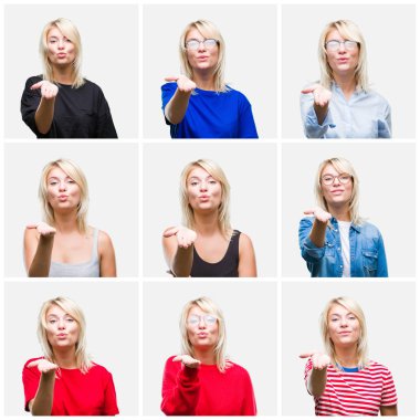 Farklılar giyen güzel sarışın kadın kolaj izole arka plan üzerinde kamera hava güzel ve seksi olmak el ile bir öpücük üfleme bakarak rahat görünüyor. Aşk ifadesi.