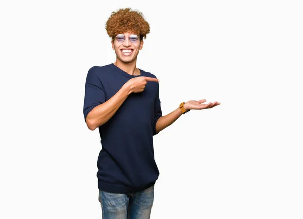 Young Handsome Man Afro Wearing Glasses Amazed Smiling Camera While — Stock Photo, Image
