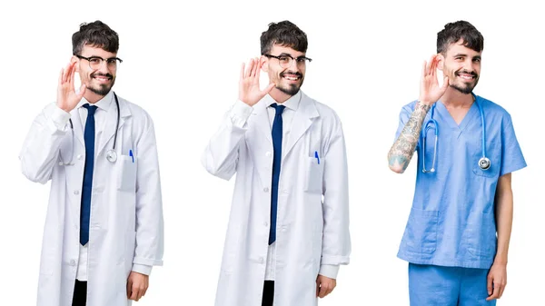 Collage Del Médico Con Abrigo Médico Sobre Fondo Aislado Sonriendo — Foto de Stock