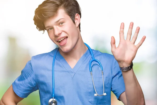 Young Doctor Wearing Medical Uniform Isolated Background Waiving Saying Hello — Stock Photo, Image