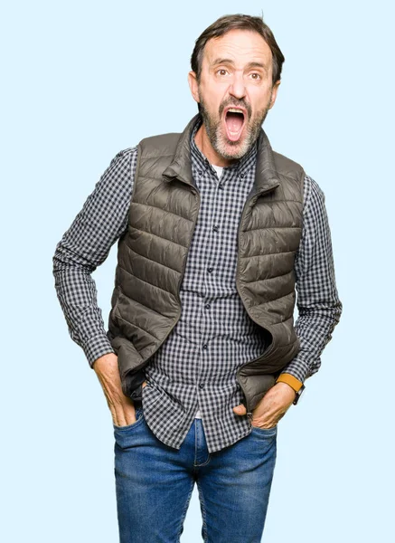 Middle Age Handsome Man Wearing Winter Vest Shock Face Looking — Stock Photo, Image