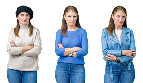 Collage Hermosa Mujer Mediana Edad Sobre Fondo Aislado Escéptico Nervioso — Foto de Stock