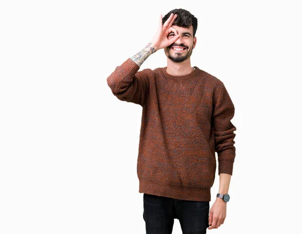 Giovane Bell Uomo Che Indossa Maglione Invernale Sfondo Isolato Facendo — Foto Stock