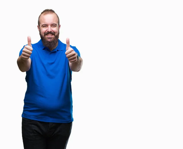 Joven Hombre Hipster Caucásico Con Camisa Azul Sobre Fondo Aislado — Foto de Stock