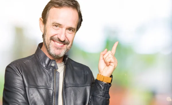Middle Age Handsome Man Wearing Black Leather Jacket Big Smile — Stock Photo, Image