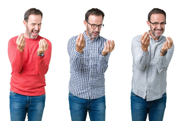 Colagem Homem Sênior Bonito Sobre Fundo Isolado Branco Fazendo Gesto — Fotografia de Stock