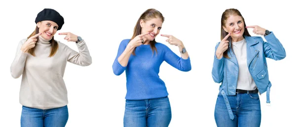 Collage Hermosa Mujer Mediana Edad Sobre Fondo Aislado Sonriendo Confiado — Foto de Stock