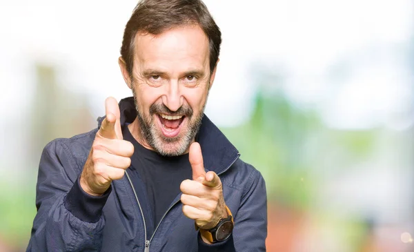 Middle Age Handsome Man Wearing Jacket Pointing Fingers Camera Happy — Stock Photo, Image