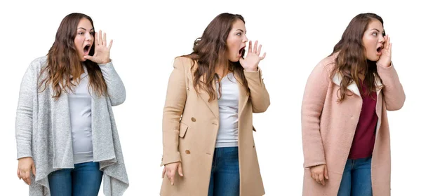 Collage Einer Schönen Size Frau Winterjacke Vor Isoliertem Hintergrund Die — Stockfoto