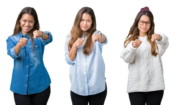 Collage Hermosa Joven Sobre Fondo Aislado Golpeando Puño Para Luchar — Foto de Stock