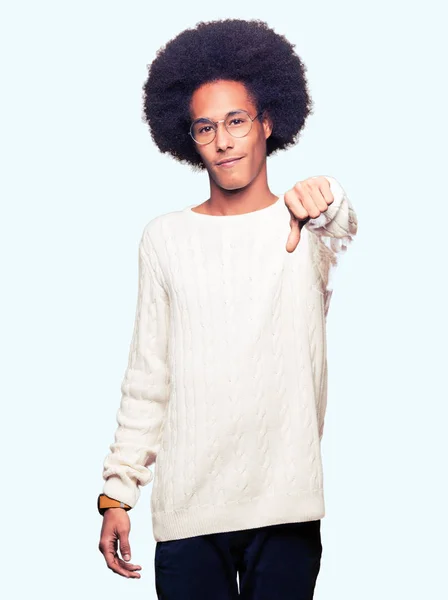 Young African American Man Afro Hair Wearing Glasses Looking Unhappy — Stock Photo, Image