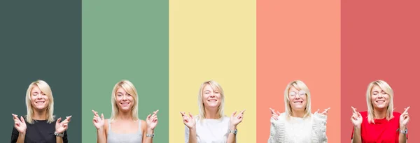 Colagem Bela Mulher Loira Sobre Vintage Isolado Fundo Sorrindo Cruzando — Fotografia de Stock