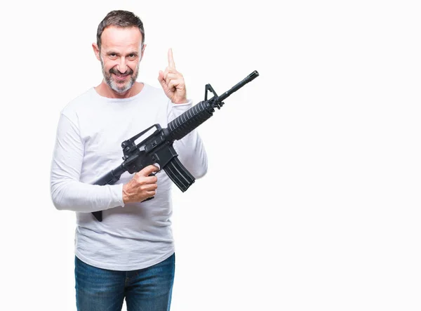Middle Age Senior Hoary Criminal Man Holding Gun Weapon Isolated — Stock Photo, Image