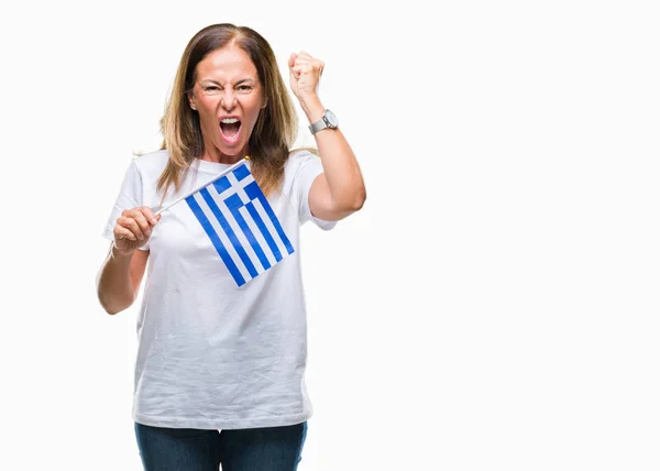 Średnim Wieku Flaga Hiszpanin Kobieta Gospodarstwa Grecji Białym Tle Tło — Zdjęcie stockowe