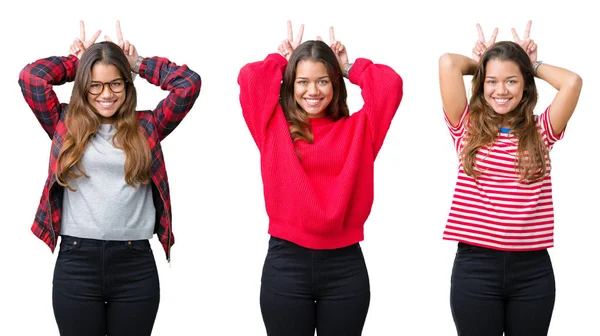 Collage Beautiful Young Woman Isolated Background Posing Funny Crazy Fingers — Stock Photo, Image