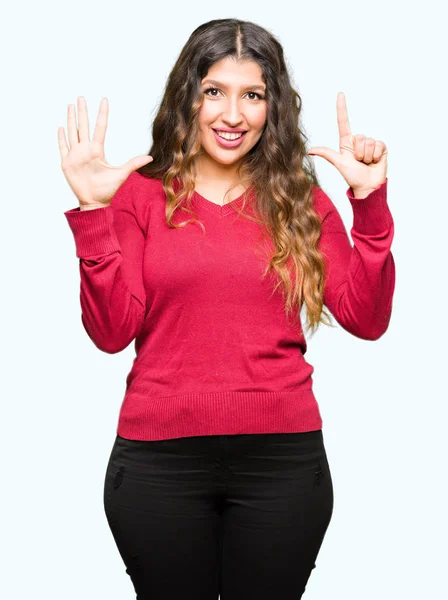 Jovem Mulher Bonita Vestindo Camisola Vermelha Mostrando Apontando Para Cima — Fotografia de Stock