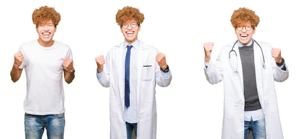 Koláž Mladého Lékaře Lékařském Kabátě Izolované Bílé Pozadí Velmi Šťastná — Stock fotografie