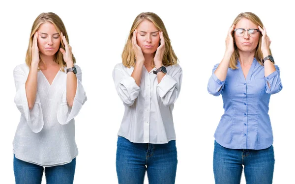 Collage Vackra Blonda Affärskvinna Över Vit Isolerad Bakgrund Med Hand — Stockfoto