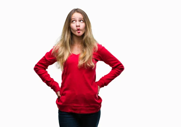 Jovem Mulher Loira Bonita Vestindo Camisola Vermelha Sobre Fundo Isolado — Fotografia de Stock