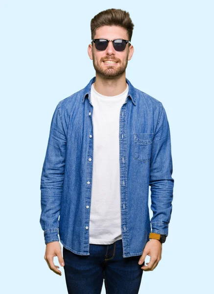 Young Handsome Elegant Man Wearing Denim Jacket Happy Cool Smile — Stock Photo, Image