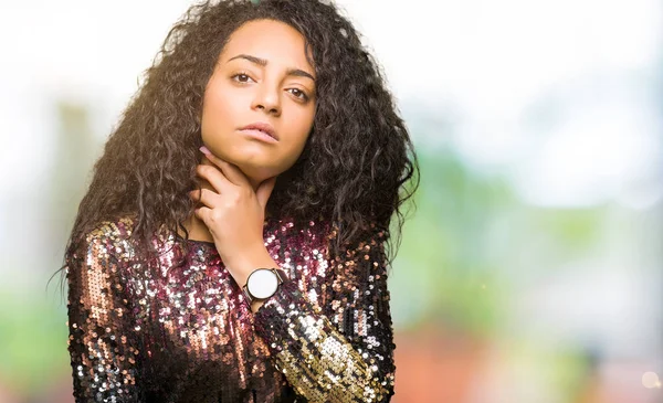 Young Beautiful Girl Curly Hair Wearing Night Party Dress Touching — Stock Photo, Image