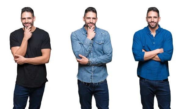 Colagem Homem Bonito Sobre Fundo Isolado Branco Olhando Confiante Para — Fotografia de Stock