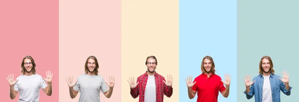 Collage Unga Stilig Man Över Färgglada Ränder Isolerad Bakgrund Visar — Stockfoto