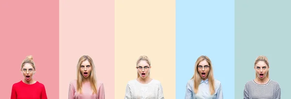 Collage Ung Vacker Blond Kvinna Över Levande Färgglada Vintage Isolerad — Stockfoto