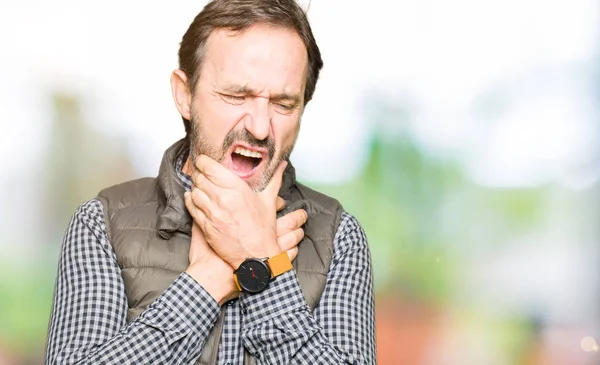 Middle Age Handsome Man Wearing Winter Vest Shouting Suffocate Because — Stock Photo, Image