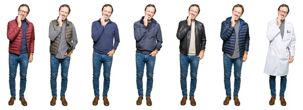 Collage Eines Gutaussehenden Mannes Mittleren Alters Der Verschiedene Blicke Über — Stockfoto