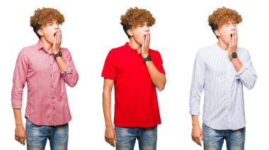 Izole beyaz arka plan üzerinde kıvırcık saçlı genç bussines adam Kolaj el ile ağız kapsayan yorgun esneme sıkılmış. Huzursuz ve uykululuk.