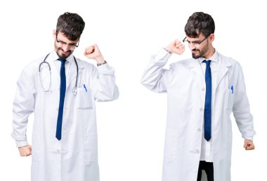 Genç doktor adam tıbbi ceket giyen kolaj geri uzanan, yorgun ve rahat, uykulu ve erken sabah için esneme