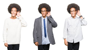 Kolaj bir söylenti ya da dedikodu için bir işitme dinlerken kulak üzerinde el ile gülümseyen beyaz izole arka plan üzerinde afro saçlı Genç adam. Sağırlık kavramı.