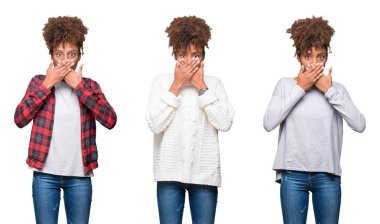 Genç güzel Afrikalı kız izole arka plan ağız hata için elleriyle kapsayan şok yüzünden kolaj. Gizli kavramı.