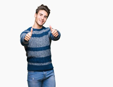 Yakışıklı delikanlı el ile pozitif jest yapıyor onaylama izole arka plan üzerinde başparmak gülümseyen ve başarı için mutlu. Kamera, kazanan jest arıyorsunuz.