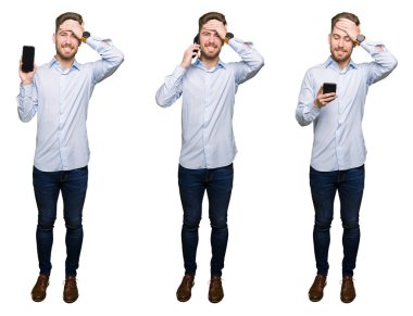 Beyaz izole arka plan üzerinde akıllı telefon kullanarak yakışıklı genç profesyonel adam Kolaj baş el ile vurguladı, utanç ve sürpriz yüz ile şok, kızgın ve sinirli. Korku ve hata için üzgün.