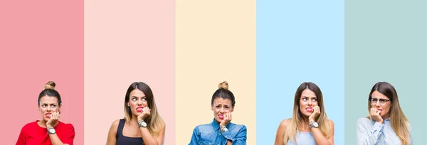 Collage Ung Vacker Kvinna Över Färgglada Ränder Isolerad Bakgrund Ser — Stockfoto