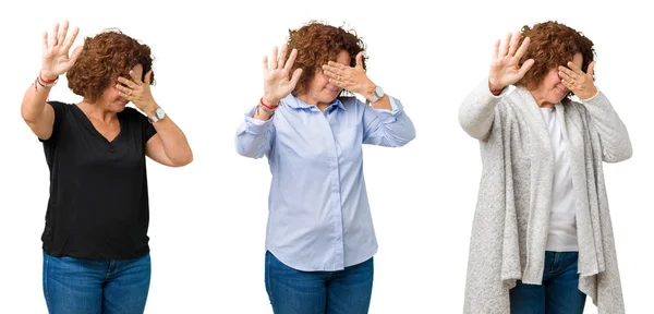 白で中年年配の女性のコラージュが手で目を覆っている背景を分離し 停止を行う悲しいとジェスチャーし恐怖表現 恥ずかしいと負の概念 — ストック写真