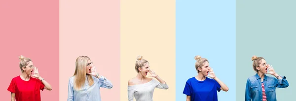 Collage Vacker Blond Kvinna Över Färgglada Ränder Isolerade Bakgrunden Ropade — Stockfoto