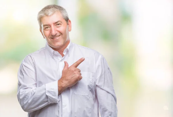 Handsome Senior Man Isolated Background Cheerful Smile Face Pointing Hand — Stock Photo, Image