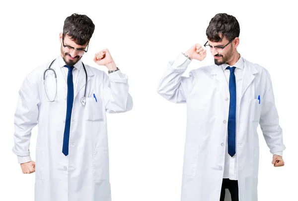 Κολάζ Του Νεαρού Γιατρού Άντρα Φορώντας Ιατρικό Παλτό Που Απλώνεται — Φωτογραφία Αρχείου