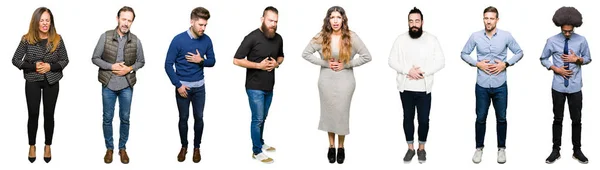 Collage Personer Över Vita Isolerade Bakgrund Med Handen Magen Eftersom — Stockfoto