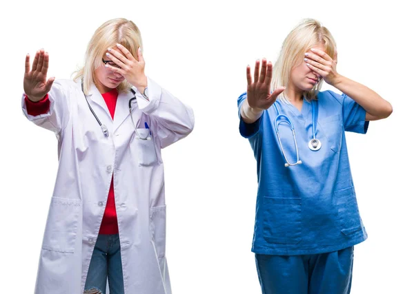 Collage Doctora Enfermera Sobre Fondo Blanco Aislado Cubriendo Los Ojos —  Fotos de Stock