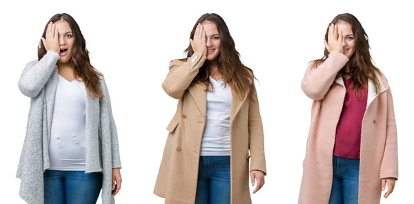 Koláž Krásné Velikostní Ženy Zimním Kabátku Nad Izolovaným Pozadím Zakrývající — Stock fotografie