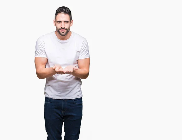 Schöner Mann Weißem Shirt Über Weißem Isoliertem Hintergrund Lächelnd Mit — Stockfoto