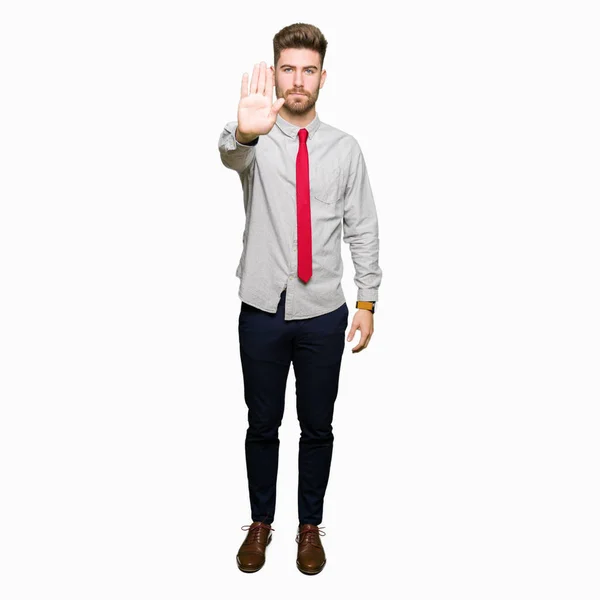 Young Handsome Business Man Doing Stop Sing Palm Hand Warning — Stock Photo, Image