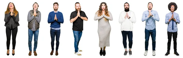 Collage Van Mensen Witte Geïsoleerde Achtergrond Bedelen Bidden Met Handen — Stockfoto