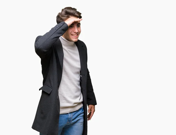 Young Elegant Man Wearing Winter Coat Isolated Background Very Happy — Stock Photo, Image