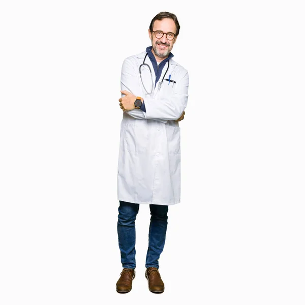 Handsome Middle Age Doctor Man Wearing Medical Coat Happy Face — Stock Photo, Image