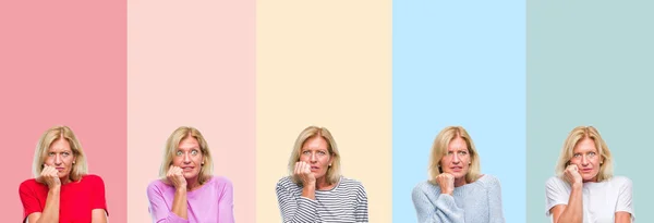 Collage Van Middelbare Leeftijd Senior Mooie Vrouw Kleurrijke Strepen Geïsoleerde — Stockfoto
